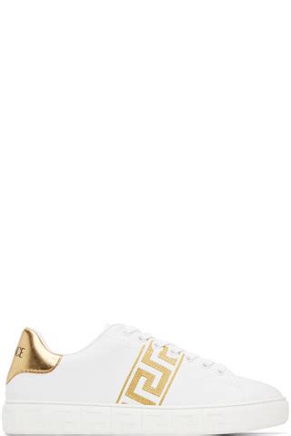 Versace: White & Gold Embroidered Greca Sneakers